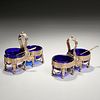 Pair French silver & cobalt glass double salts