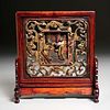 Chinese gilt openwork carved wood panel on stand