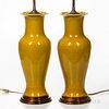 Pair of Crackled Yellow-glazed Vase Lamps