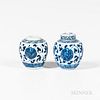Near Pair of Miniature Blue and White Covered Jars