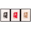 Three framed block prints