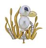 18K Gold Diamond Pearl Sapphire Duck Brooch Pin
