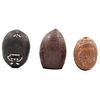 Lot of Sgraffito Coconuts, Mexico, 20th century, Sgraffito coconut shells, one of them with mother-of-pearl details, 3 pieces