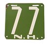 New Hampshire License Plate 1905, #77, green and white enameled, marked "77NH".
5 1/4 " x 5 1/2".