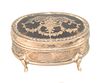 Mappin & Webb English Silver Dresser Box having tortoise shell lid with inlaid silver decoration opening to lined interior, leather ...