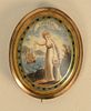 Memorial Pin of lady and child crying while waving farewell with ship in background, having two lockets of hair in back. 
1 5/8" x 2...