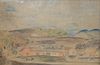 Primitive Farm Landscape, farm road with horse and carriage, watercolor and pencil on paper, artist unknown, unsigned. 
9" x 13 1/4"...