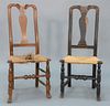Two Queen Anne Side Chairs with carved yokes, rush seats, block and turned legs with bold turned stretchers all on Spanish feet, one...