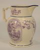Liverpool Transferware Staffordshire Pitcher in lavender transfer with medium blue highlights, (repaired).
height 10 1/2 inches.
Lit...