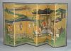 Large Six Panel Screen depicting life at the Tang Chinese Court with the Emperor in an elegant pavilion and figures on the terrace,...