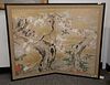 Two-Part Chinese Screen depicting birds and cherry flowers with silk border, pigments on mulberry paper with gold dust, Naga, New Yo...