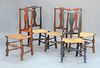 Five Queen Anne Chairs, assembled set of five with serpentine crest rails and spoon slats on block and turned legs and bold turned s...