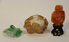 Three Chinese Hardstone Pieces, to include Chinese Jadeite ink pot with carved scrolling vines and dragon, length 2 inches; agate bo...