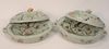 Pair of Large Chinese Export Covered Warming Dishes, celadon with enameled flowers, butterflies and birds, (some loss to cover).
len...
