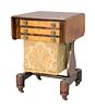 Federal Mahogany Work Table having three drawers with birdseye maple drawer fronts set on side supports on base with round feet.
hei...