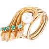 CULTURED PEARL AND TURQUOISES RING. 14K YELLOW GOLD