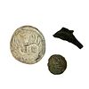 Lot of 3. 1 byzantine lead weight with lion. 1 greek bronze dolphin coin. 1 islamic bronze coin.