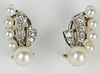 Pair Vintage Pearl, Diamond 14K White Gold Earrings (pierced).