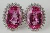 Pair of lady's approx. 12.50 carat oval cut pink tourmaline, 1.45 carat diamond and 18 karat white gold earrings.