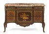 20th century French Transitional style bronze mounted marquetry inlay marble top three drawer commode.