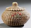 Coushatta Indian Covered Pine Straw Basket with applied flower decoration, 20th c., by Sylvestine, H.- 6 in., Dia.- 7 in.