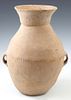 Chinese Neolithic Fired Clay Baluster Jar, with attached ring pouring handles, with geometric pigment decoration, H.- 9 1/2 in., W.-...