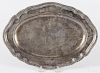 English silver serving dish, 1743-1744, with illegible maker's mark, possibly JS, 9'' h.