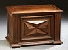 Diminutive French Provincial Carved Oak and Cherry Louis XIII Style Bedding Box, 19th c., the front with applied relief geometric de...