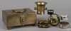 Five assorted dresser boxes, together with a brass lock box, 4 1/2'' h., 9'' w., and a mortar.