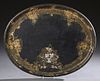 Large English Oval Tole Tray, 19th c., with gilt floral tracery and inlaid mother-of-pearl decoration, with a rolled rim, H.- 1 1/8...