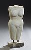 Carved White Marble Female Torso, 20th c., on iron supports to a cast stone stand, Total H.- 26 in., W.- 9 1/2 in., D.- 5 in. Proven...