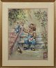 Kaethe Dering, "Little Boy Feeding Pigeons," 1980, pastel, signed and dated lower right, presented in a gilt frame, H.- 25 in., W.-...