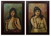 Continental School, "Dark Haired Beauties," 20th c., pair of oils on canvas, presented in polychromed and ebonized frames, H.- 27 in...