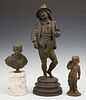 Group of Three Cabinet Figures, 19th c., consisting of a bronze minstrel, by Lalouette, signed; a spelter cupid; and a patinated bronze of a Roman emp