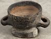 Central Mexico pre-Columbian Tlatilco ceramic two-handled bowl, 4 1/4'' h., 4 1/2'' dia.