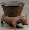 Large Colima pre-Columbian ceramic dog vase with a red slip finish, 13 1/2'' h., 17 1/2'' w.