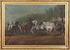 Primitive oil on canvas, ca. 1900, depicting a train of horses, 27 3/4'' x 42''.
