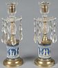 Pair of brass, glass, and jasperware candleholders, ca. 1900, 13'' h.
