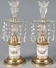 Pair of brass, porcelain, and glass candleholders, ca. 1900, 13 1/2'' h.