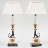 Pair of Marble and Quartz Sphinx Form Candlestick Mounted as Lamps