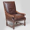 Large Baroque Style Oak and Leather Tall Back Armchair, of Recent Manufacture