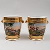 Pair of Paris Porcelain Gilt Decorated Porcelain Cache Pot and Stands with Military Scenes