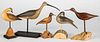 Five carved and painted shorebird decoys