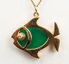 14K Gold, Diamond & Agate Fish Pendant Necklace