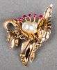 18K Yellow Gold Baroque Pearl & Ruby Brooch / Pin