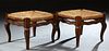 Pair of French Provincial Louis XV Style Carved Beech Rushseat Stools, 20th c., the woven seats on reeded cabriole legs, joined by reeded serpentine s