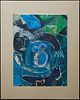 Antonia van Diest (1948-, Dutch), "Abstract in Blue and Green," 20th c., oil on board, signed lower right, presented in a black metal frame with a wid