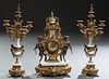 Louis XVI Style Ormolu Bronze and Marble Three Piece Mantel Clock Set, late 20th c., by Imperial, with a gilt bronze and marble urn surmount, over an 