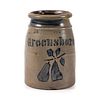 A Diminutive Two Pint Stoneware Canning Jar with Stenciled Cobalt Pears