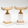 Pair of Continental Classical Ormolu and White Marble Tazze on Plinths